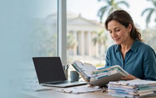 An adult reviews a medical file beside a laptop near a sunlit window.