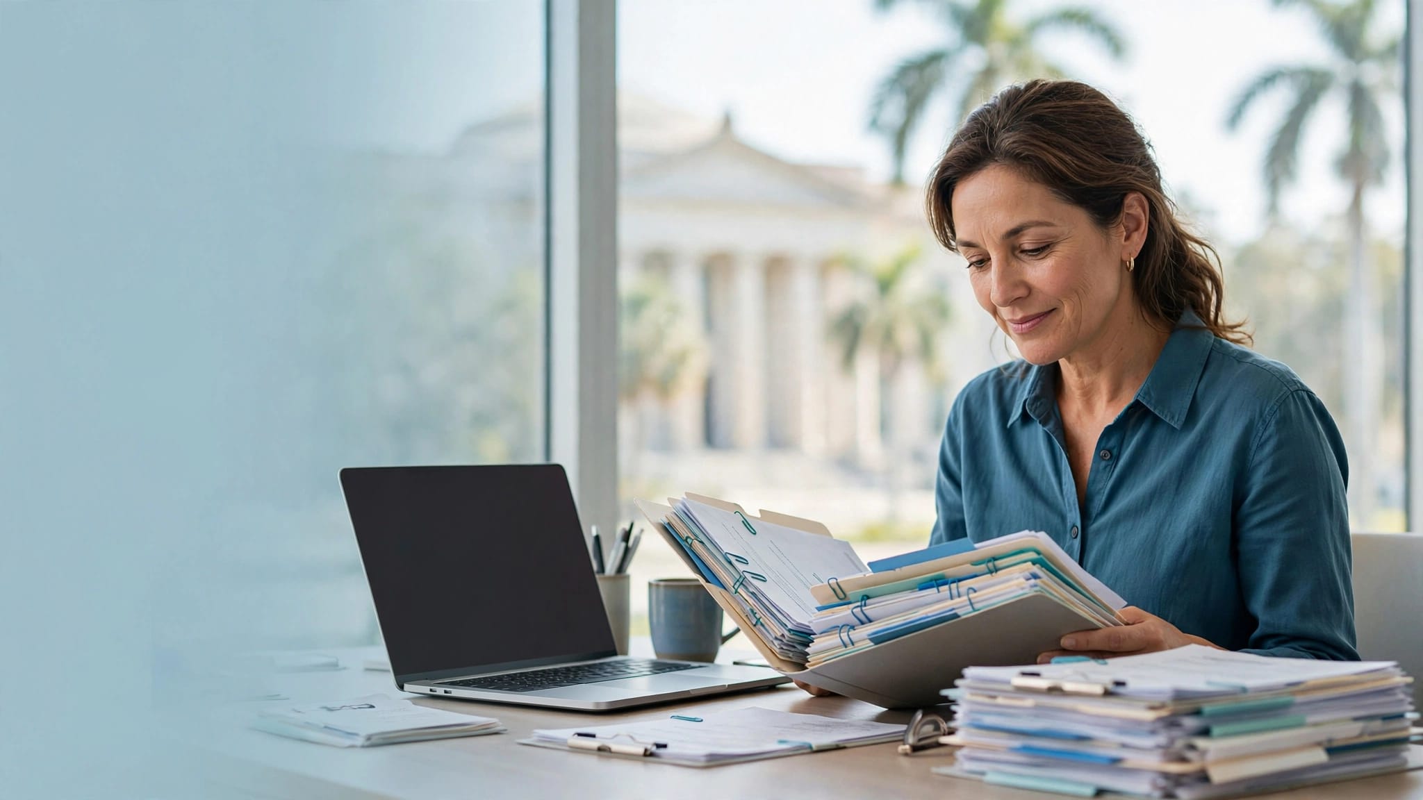 An adult reviews a medical file beside a laptop near a sunlit window.