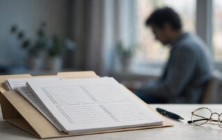 Blank disability forms, a pen, and glasses sit near a thoughtful applicant.