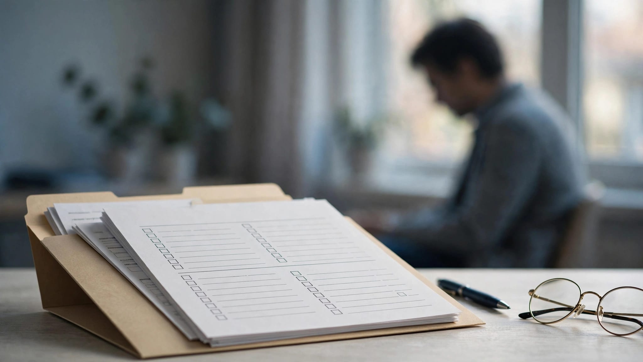 Blank disability forms, a pen, and glasses sit near a thoughtful applicant.