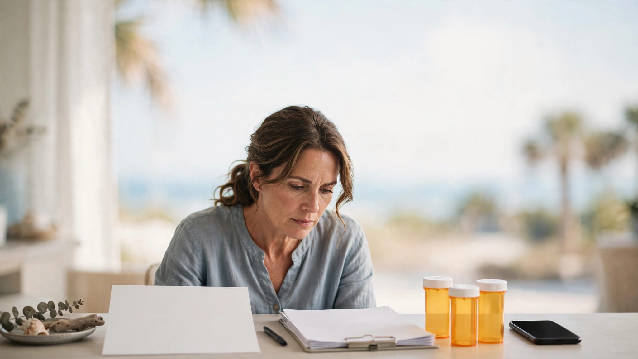 A claimant reviews disability paperwork beside medical records, medicine bottles, and a phone.