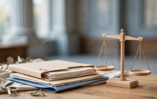 A claim folder, medical records, and wooden balance scale on a desk.