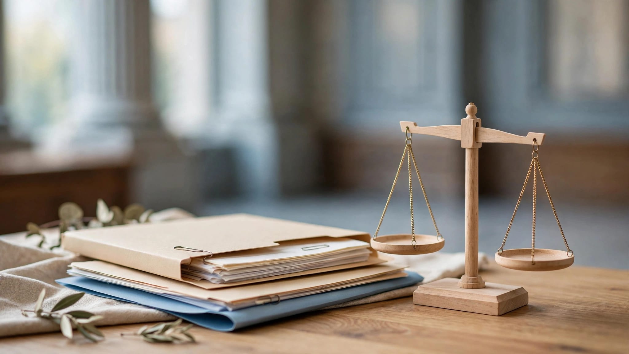 A claim folder, medical records, and wooden balance scale on a desk.