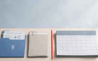Desk with medical files, work records, calendars, and a red deadline marker.