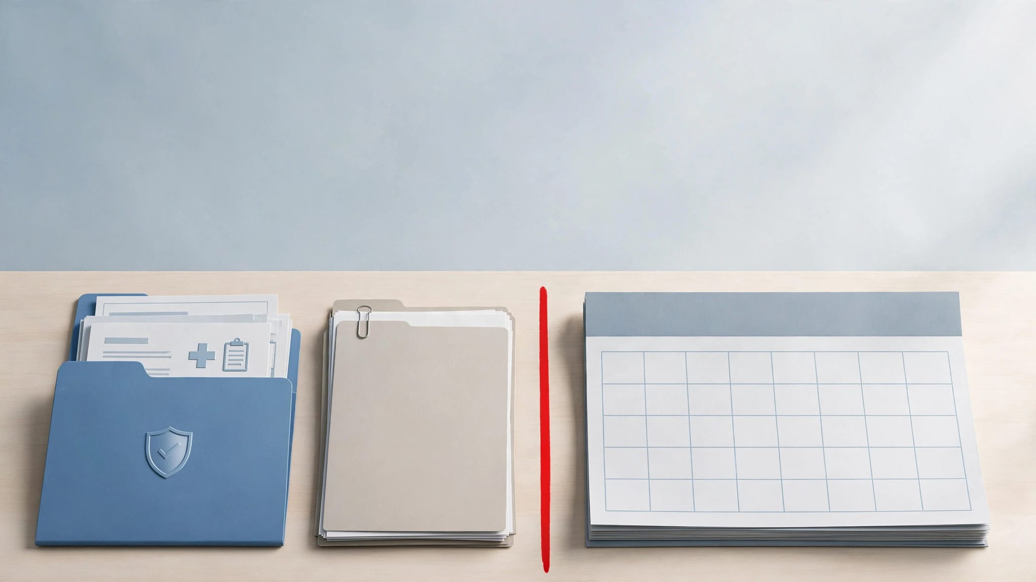 Desk with medical files, work records, calendars, and a red deadline marker.