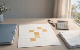 Desk with a benefits folder, five-block calendar, watch, calculator, and medical papers.