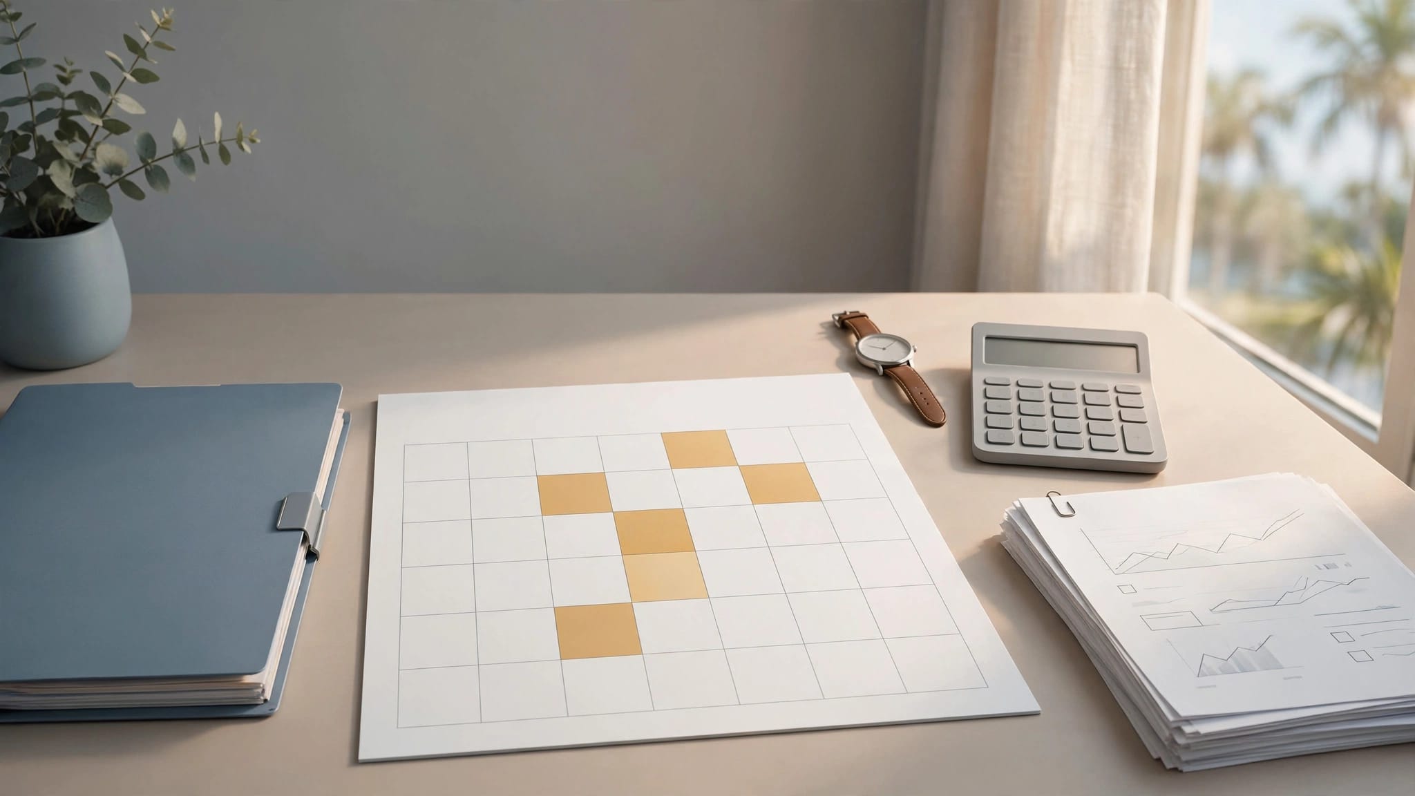Desk with a benefits folder, five-block calendar, watch, calculator, and medical papers.