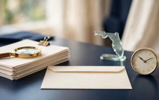Desk with a benefits envelope, medical records, magnifying glass, clock, and Florida paperweight.