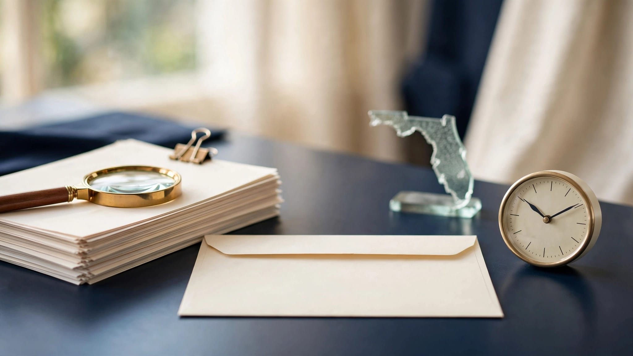 Desk with a benefits envelope, medical records, magnifying glass, clock, and Florida paperweight.
