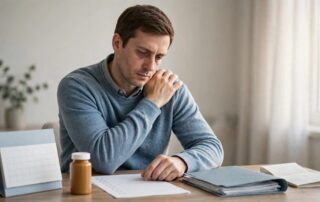A tired worker with shoulder pain reviews a checklist beside medical documents and medication.