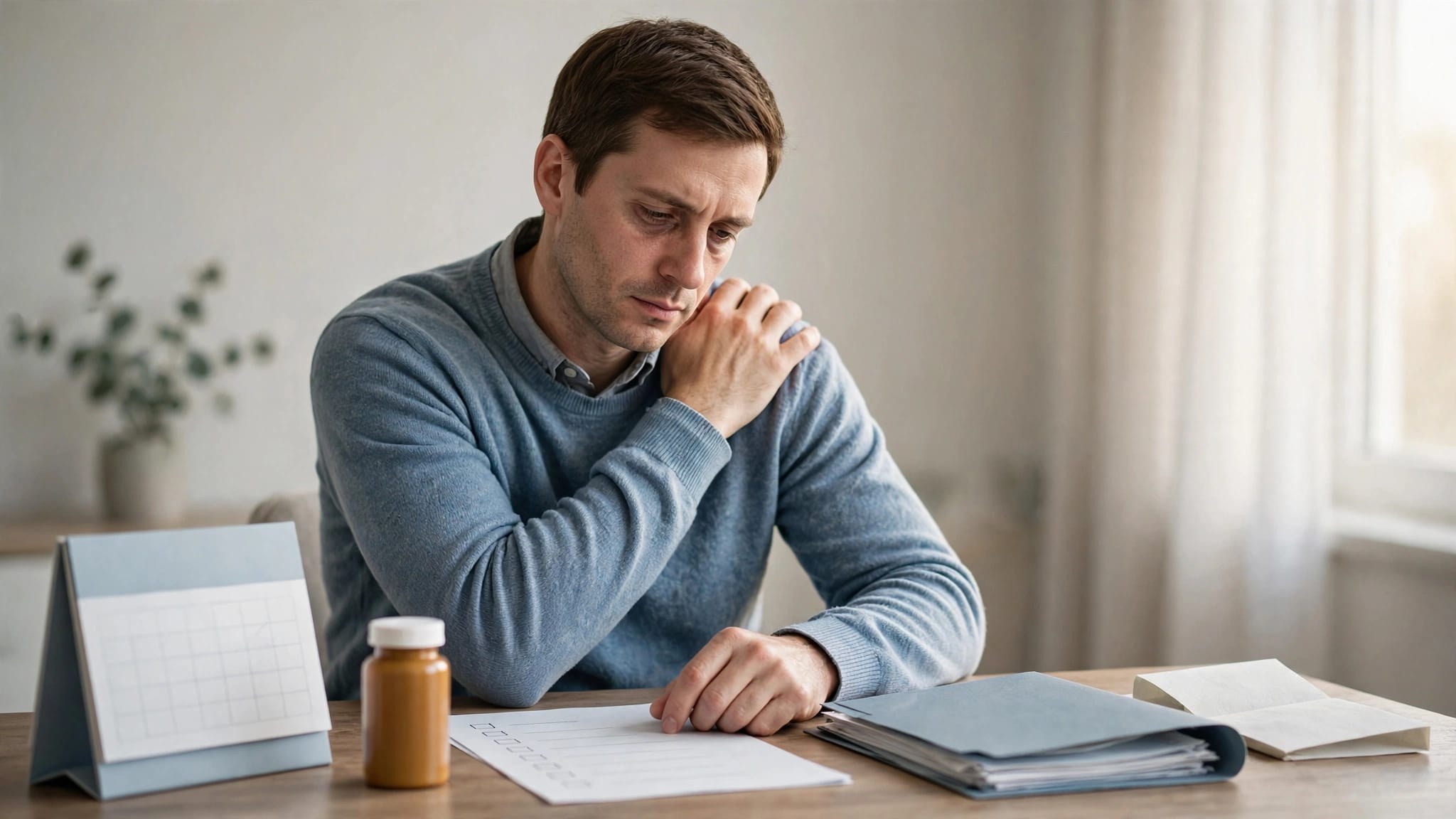 A tired worker with shoulder pain reviews a checklist beside medical documents and medication.