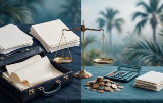 A balanced scale connects work documents with household bills and coins against a Florida backdrop.