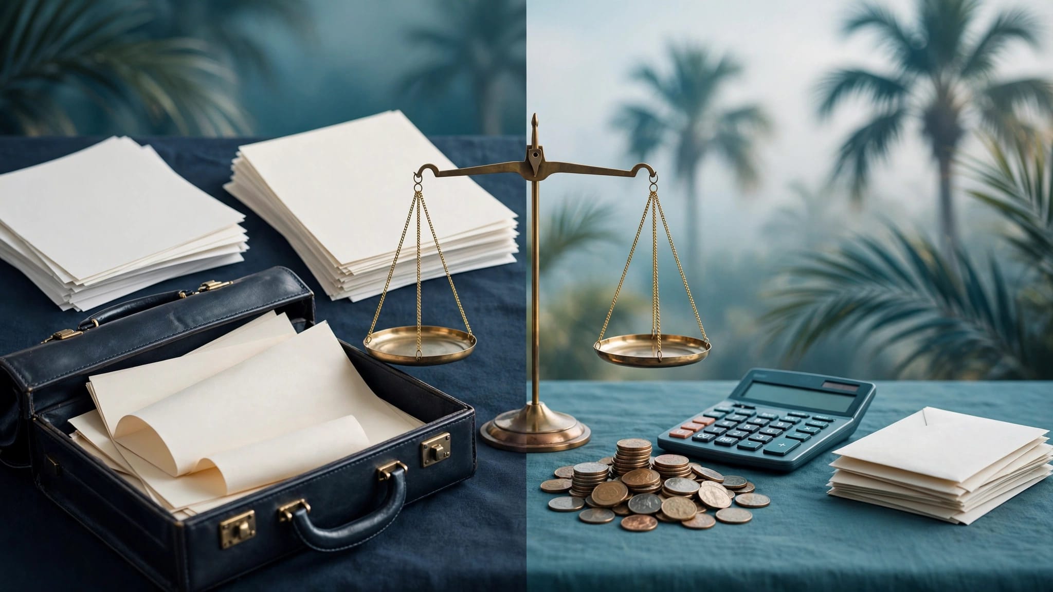 A balanced scale connects work documents with household bills and coins against a Florida backdrop.