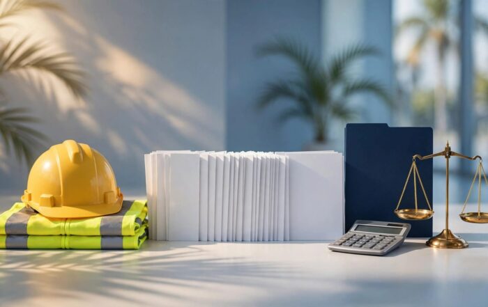 A hard hat and safety vest beside benefits papers, a calculator, and scales of justice.