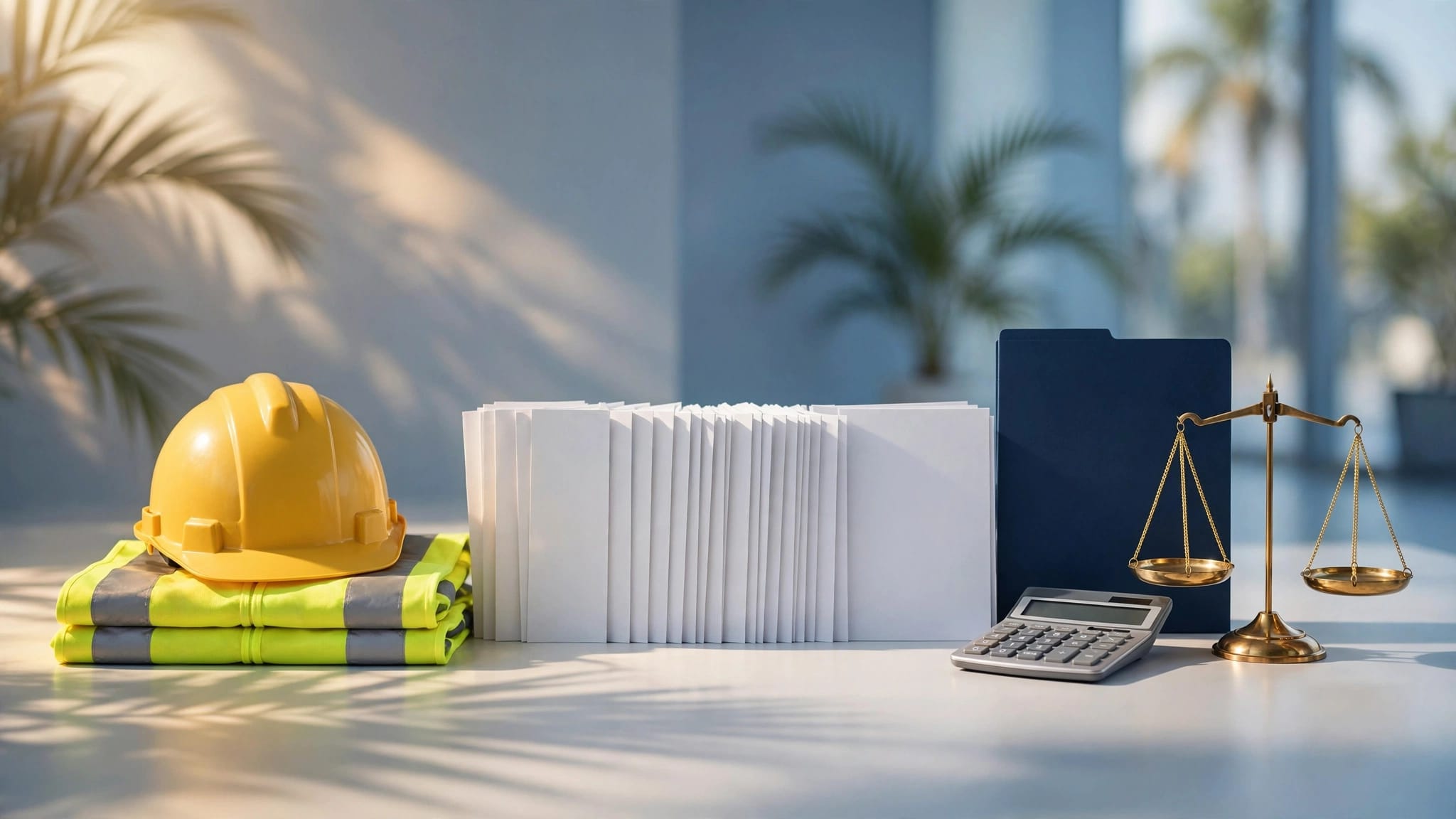 A hard hat and safety vest beside benefits papers, a calculator, and scales of justice.