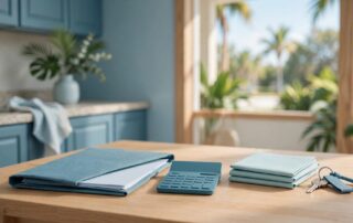 A kitchen table holds paperwork, a calculator, and keys beside a sunny window.