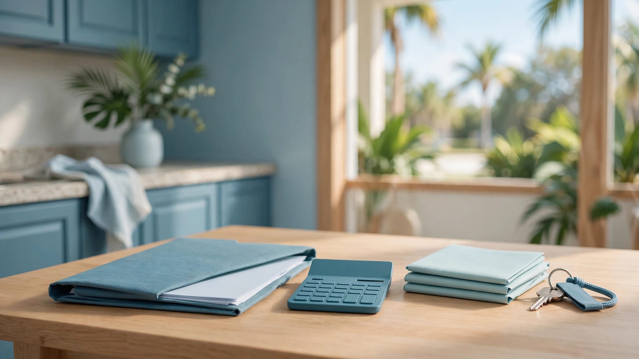 A kitchen table holds paperwork, a calculator, and keys beside a sunny window.