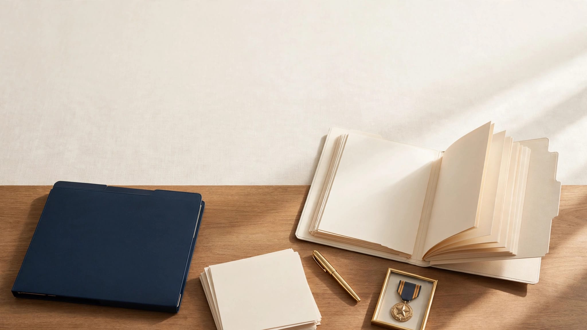 VA claims folders, documents, a fountain pen, and a framed military medal on a desk.