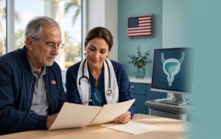 Older veteran reviewing medical records with a doctor beside a bladder health monitor.