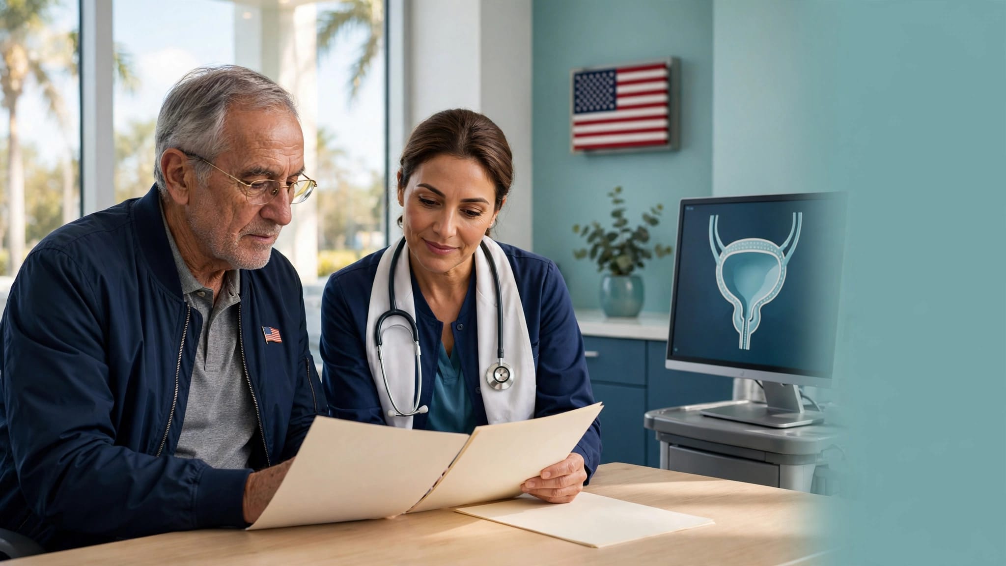 Older veteran reviewing medical records with a doctor beside a bladder health monitor.