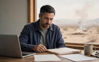 A veteran reviews medical records beside a laptop near a window.