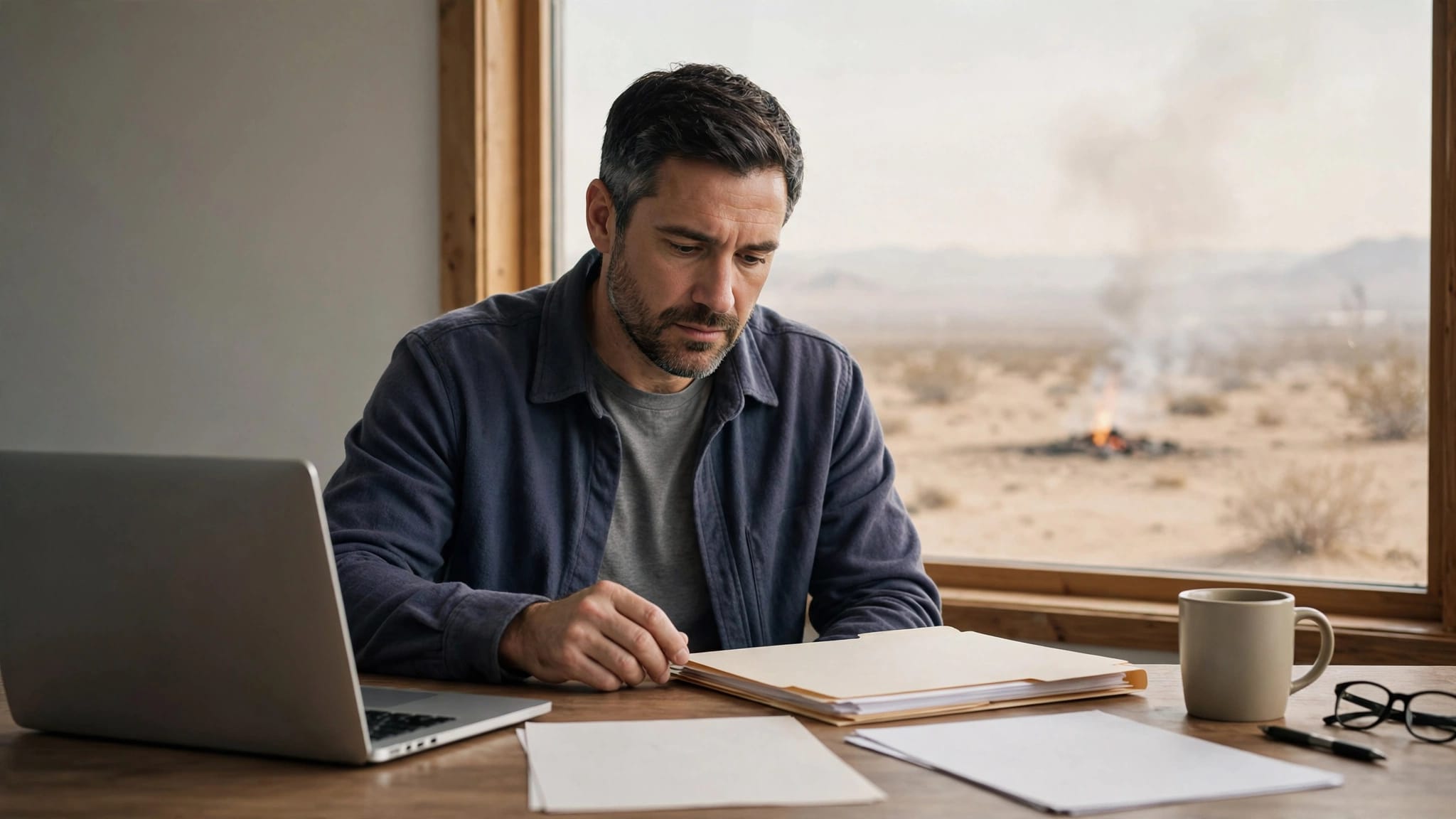 A veteran reviews medical records beside a laptop near a window.