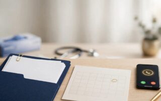 An appointment folder, marked calendar, ringing smartphone, and pen sit on a desk.