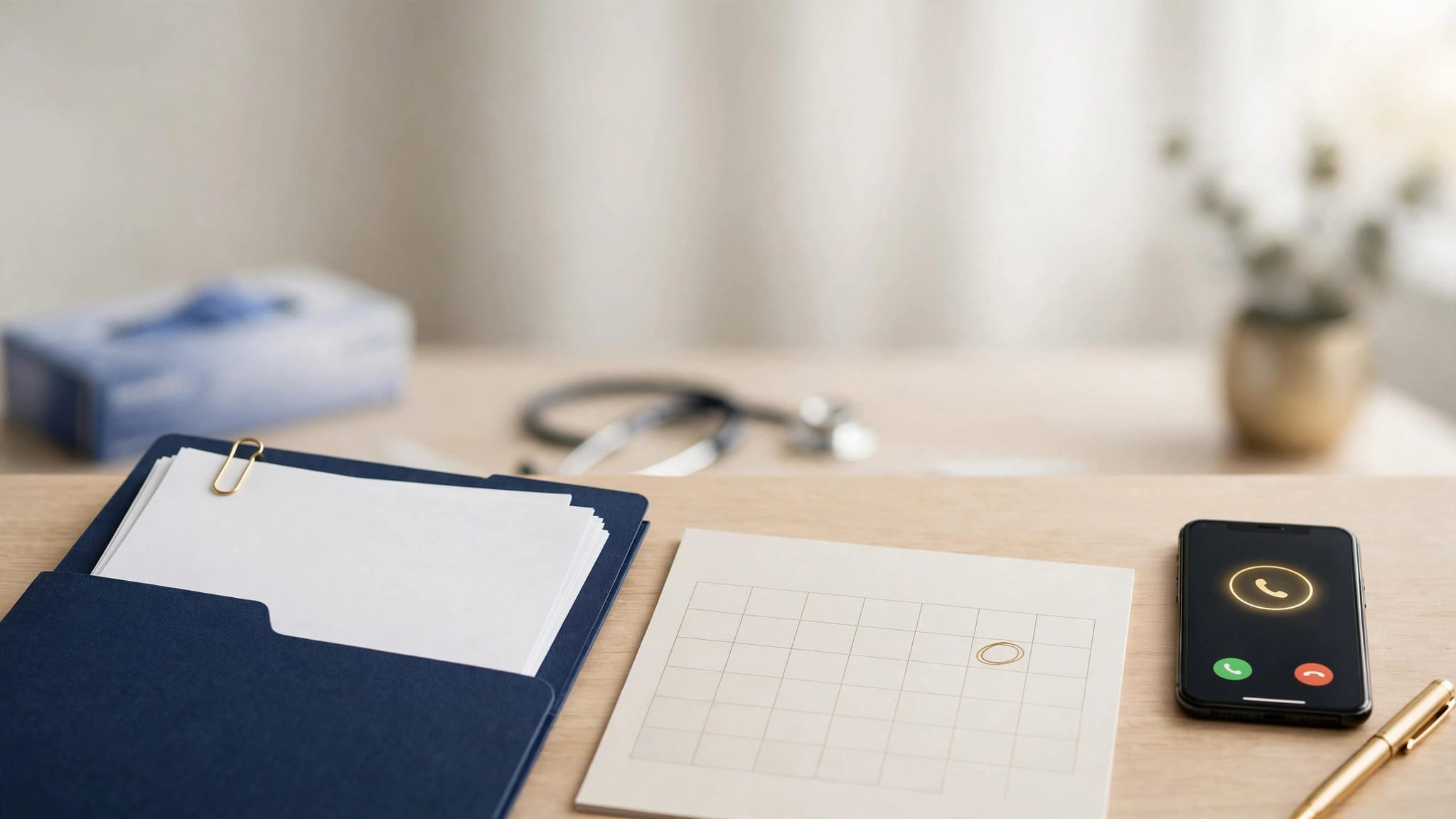 An appointment folder, marked calendar, ringing smartphone, and pen sit on a desk.