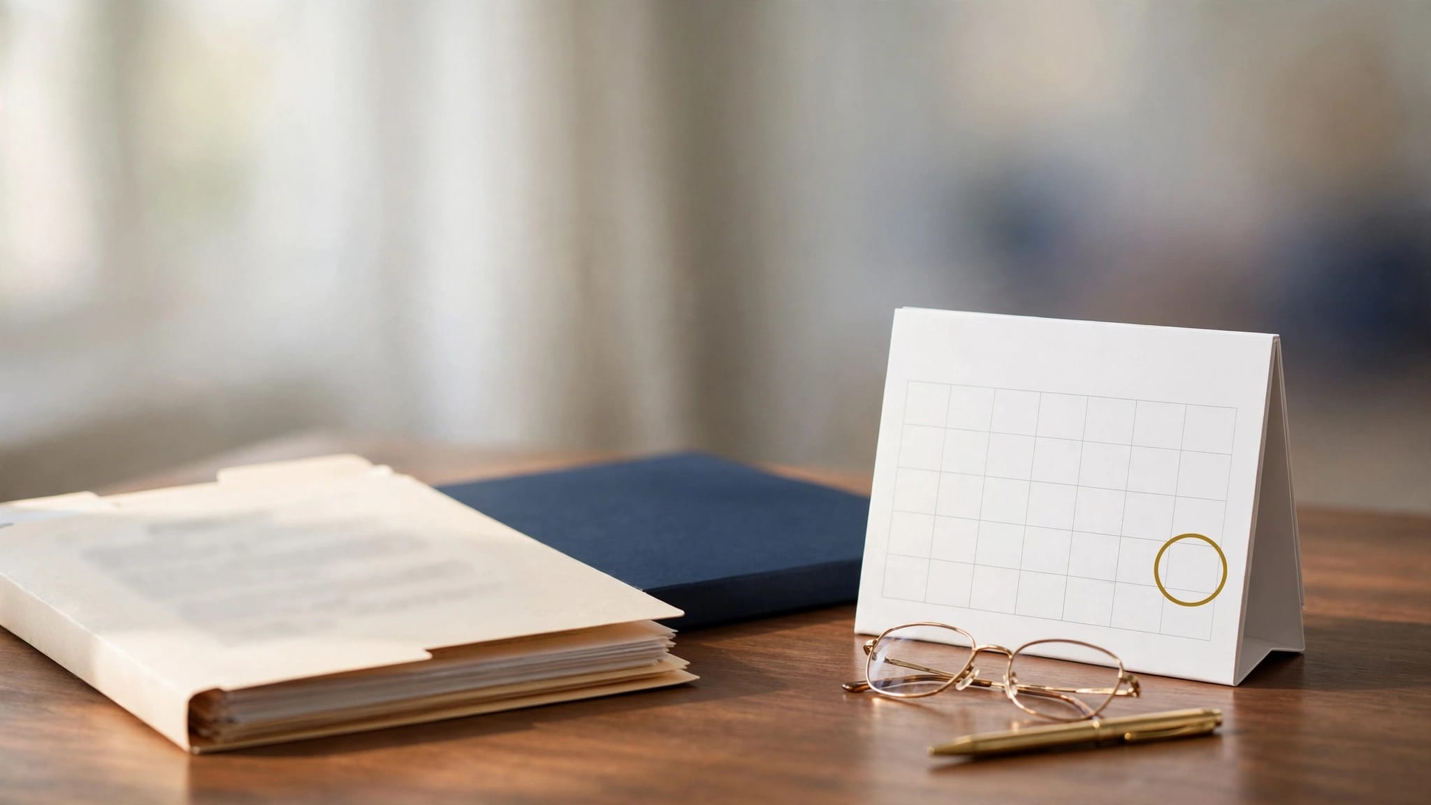 An organized veterans appeal file with a calendar, glasses, and pen on a wooden desk.