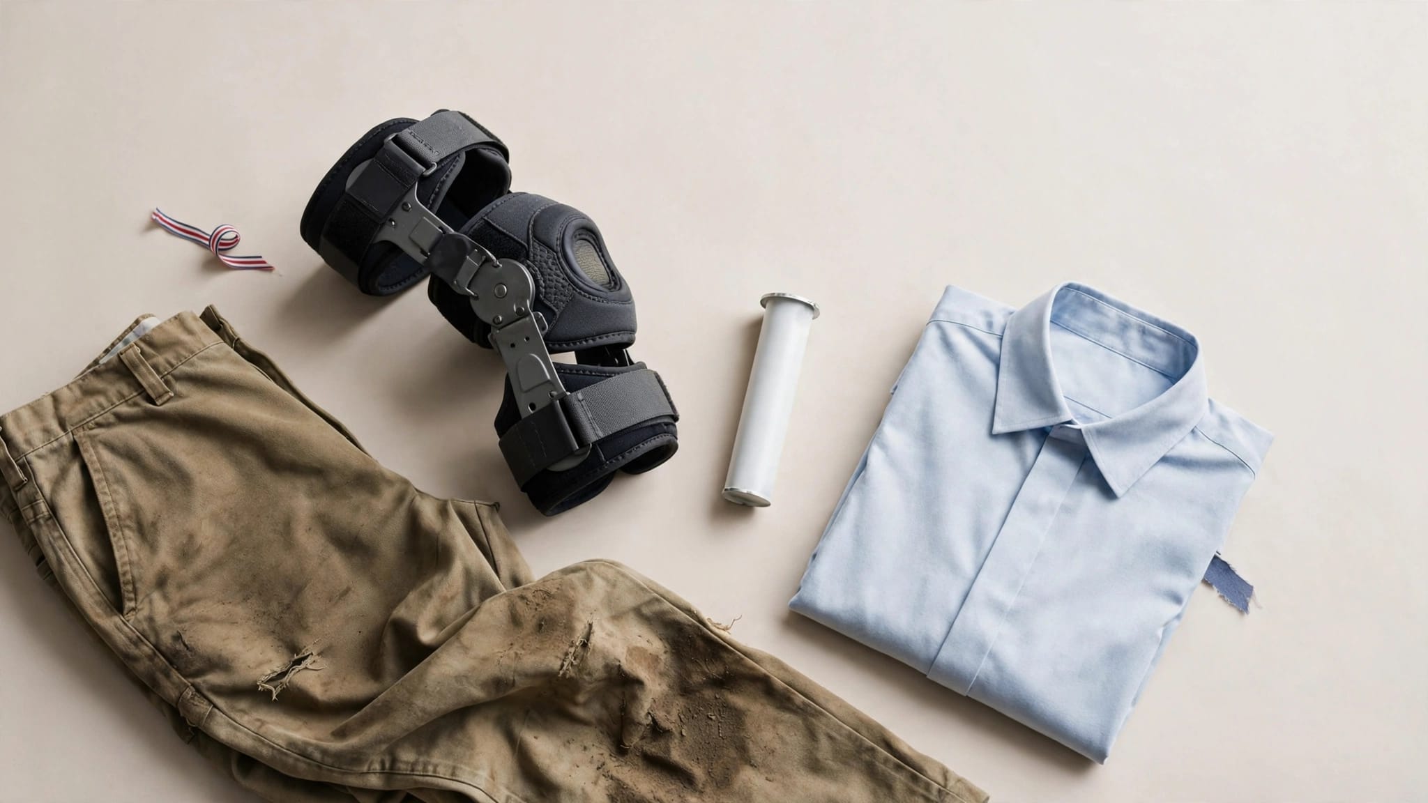 A knee brace, medication tube, stained trousers, and folded shirt arranged on a neutral background.