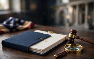 Legal documents, a gavel, and magnifying glass on a dark wood desk.
