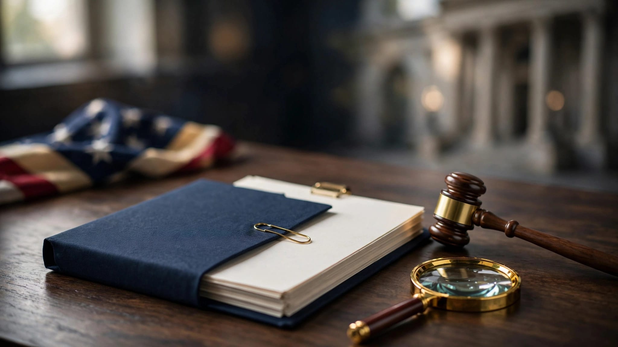 Legal documents, a gavel, and magnifying glass on a dark wood desk.
