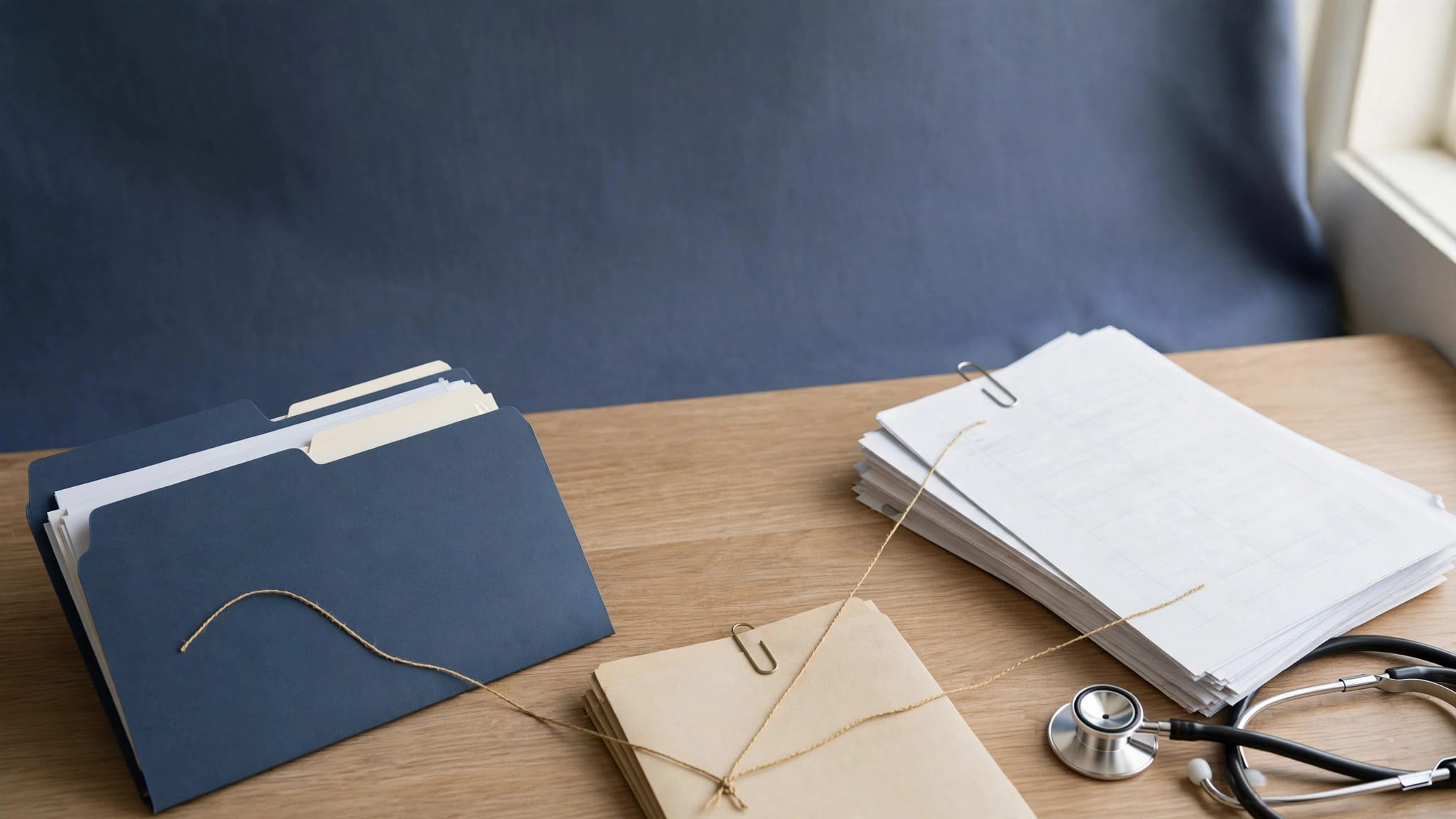 An evidence folder, medical records, service documents, and a stethoscope arranged on a desk.