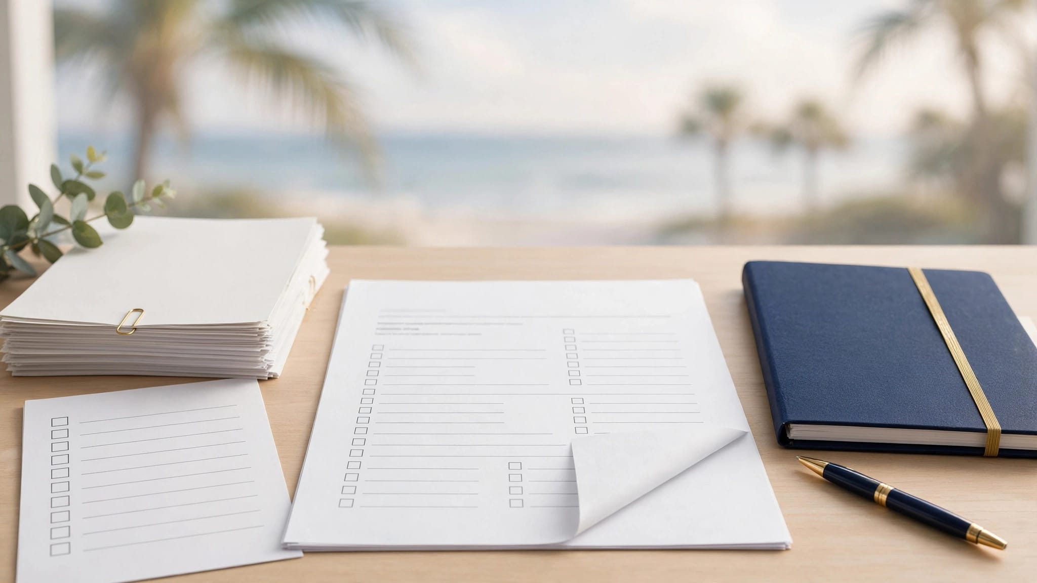 A blank benefits form, medical records, checklist, pen, and folder arranged on a desk.