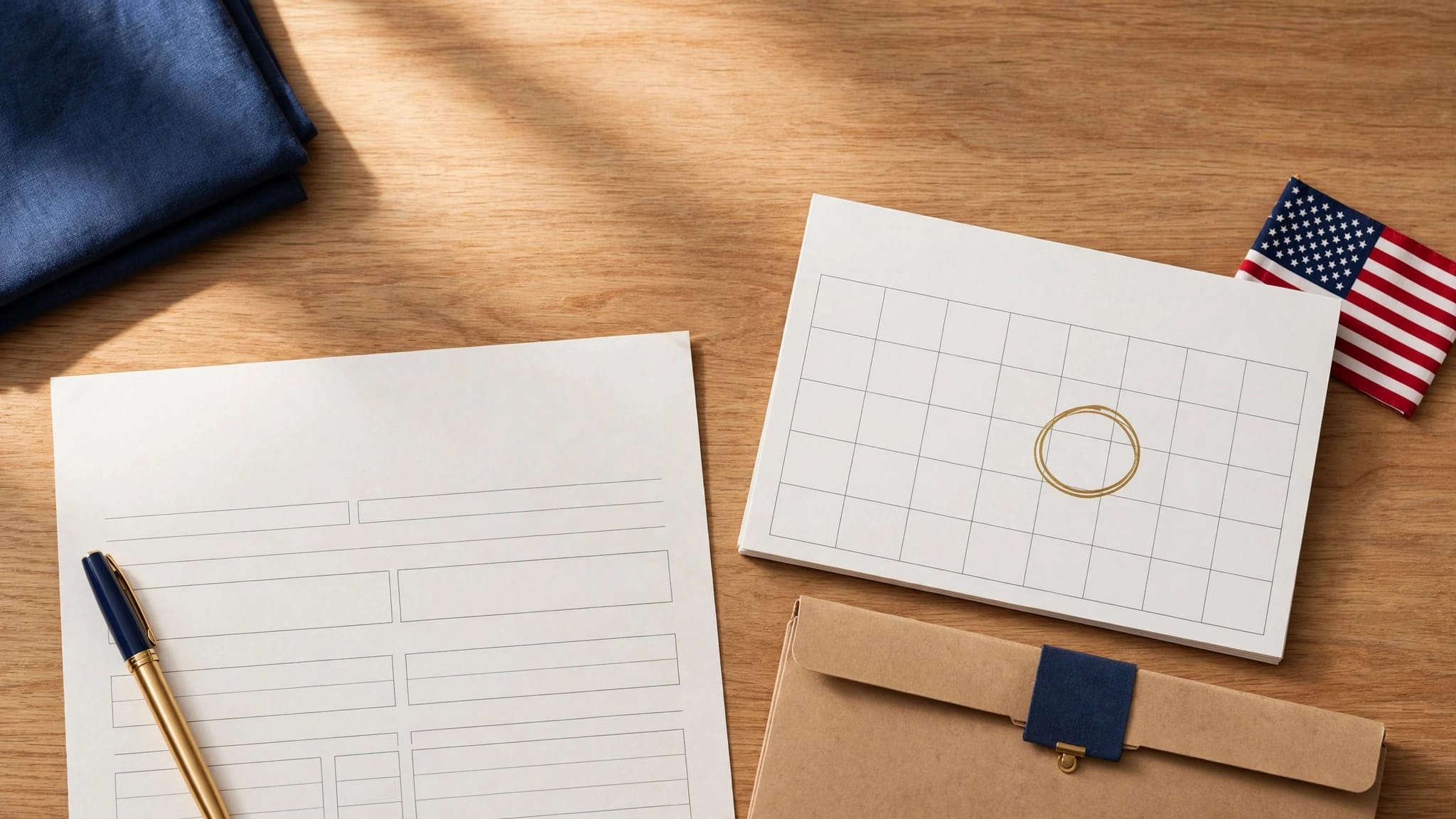 A benefits form, service records folder, pen, and circled calendar sit on a neatly arranged desk.