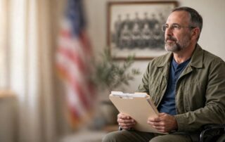 Veteran in a wheelchair holding a medical folder with a blurred service photo behind him.