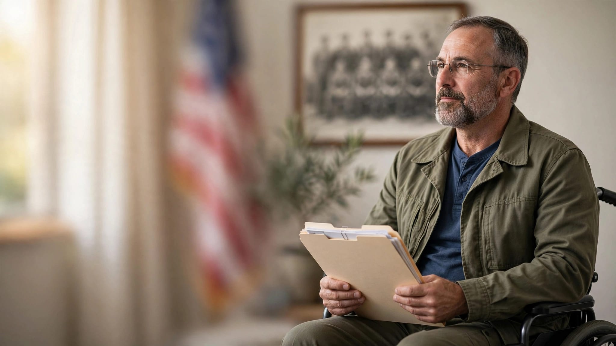 Veteran in a wheelchair holding a medical folder with a blurred service photo behind him.