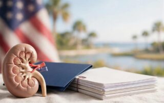 A kidney model and benefits folder sit before a flag and Florida landscape.
