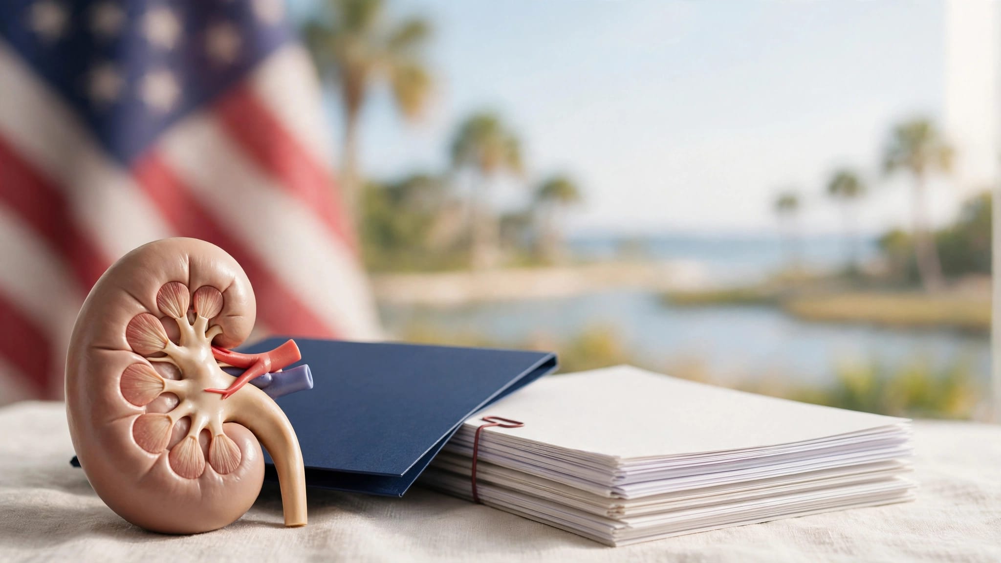 A kidney model and benefits folder sit before a flag and Florida landscape.