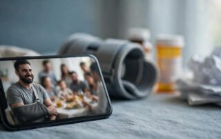 Smartphone showing an injured worker’s social photo beside medical items and claim paperwork.