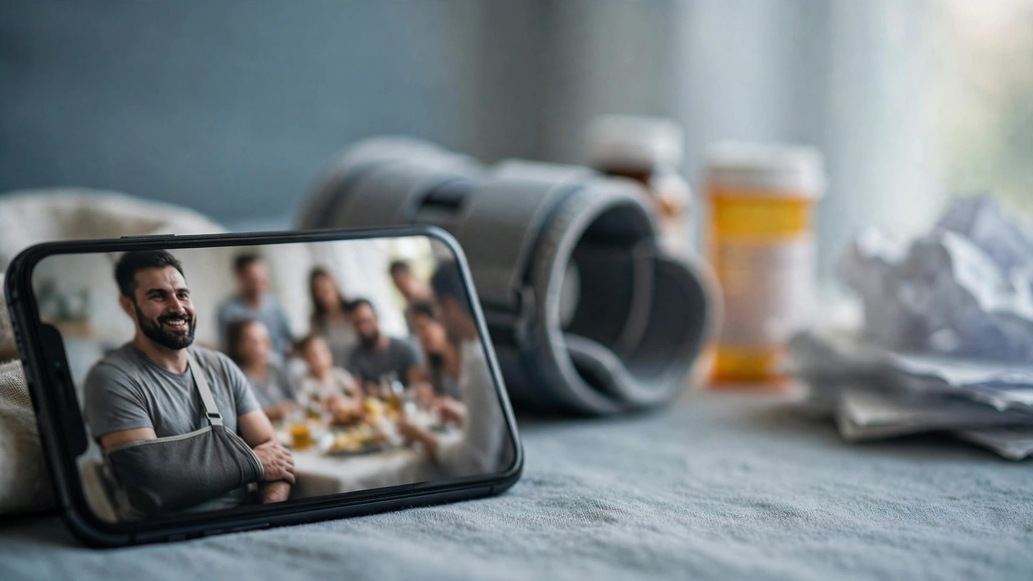 Smartphone showing an injured worker’s social photo beside medical items and claim paperwork.