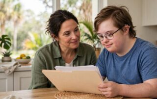 A young adult and parent review a folder of paperwork at the kitchen table.