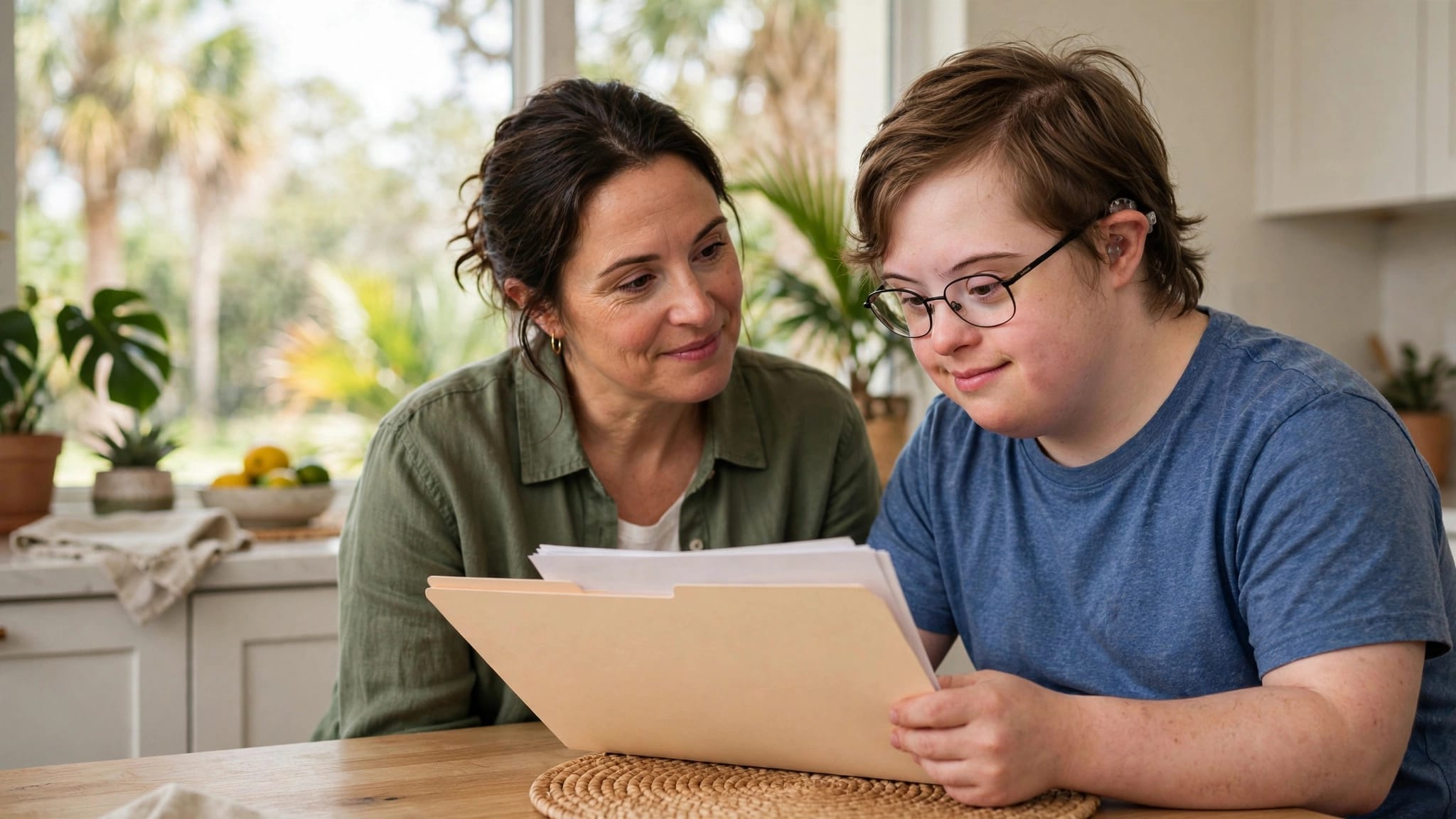 A young adult and parent review a folder of paperwork at the kitchen table.