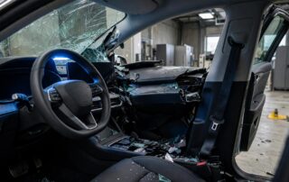 A collision-damaged car interior with an undeployed airbag under inspection lighting.