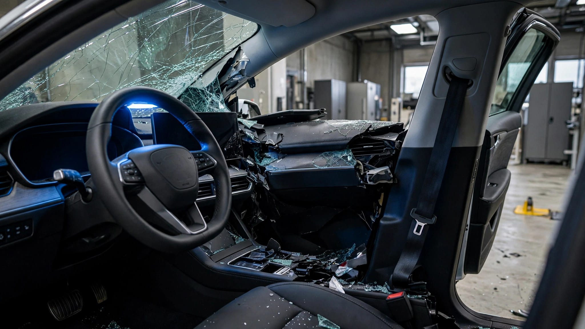 A collision-damaged car interior with an undeployed airbag under inspection lighting.
