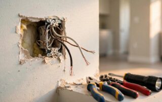 An apartment outlet with exposed wires beside a drywall opening and electrician’s tools.