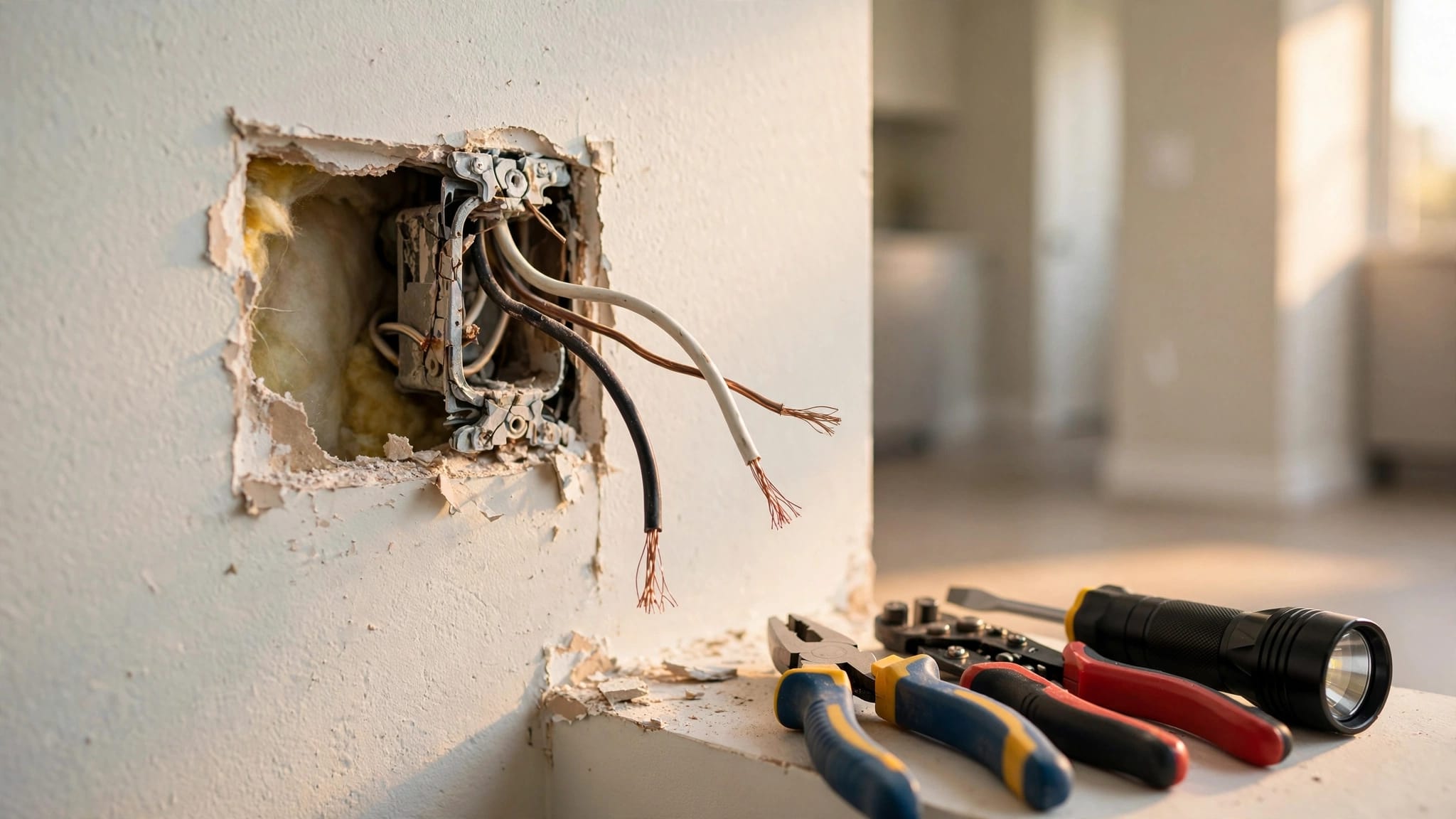 An apartment outlet with exposed wires beside a drywall opening and electrician’s tools.