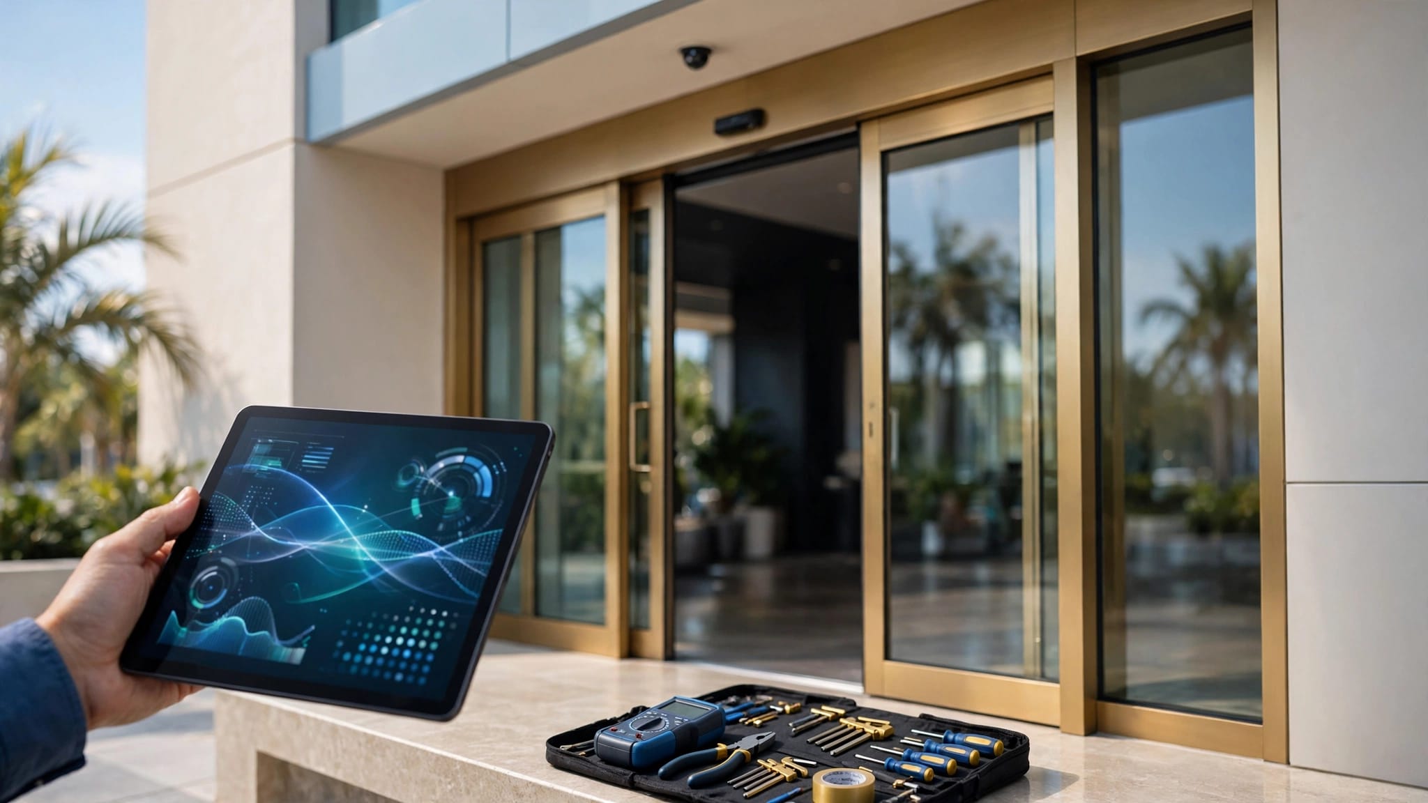 A tablet and inspection tools beside a partly open glass sliding door.