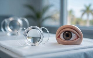 An eye model and clear lens sit beside a blurred second lens on an examination table.