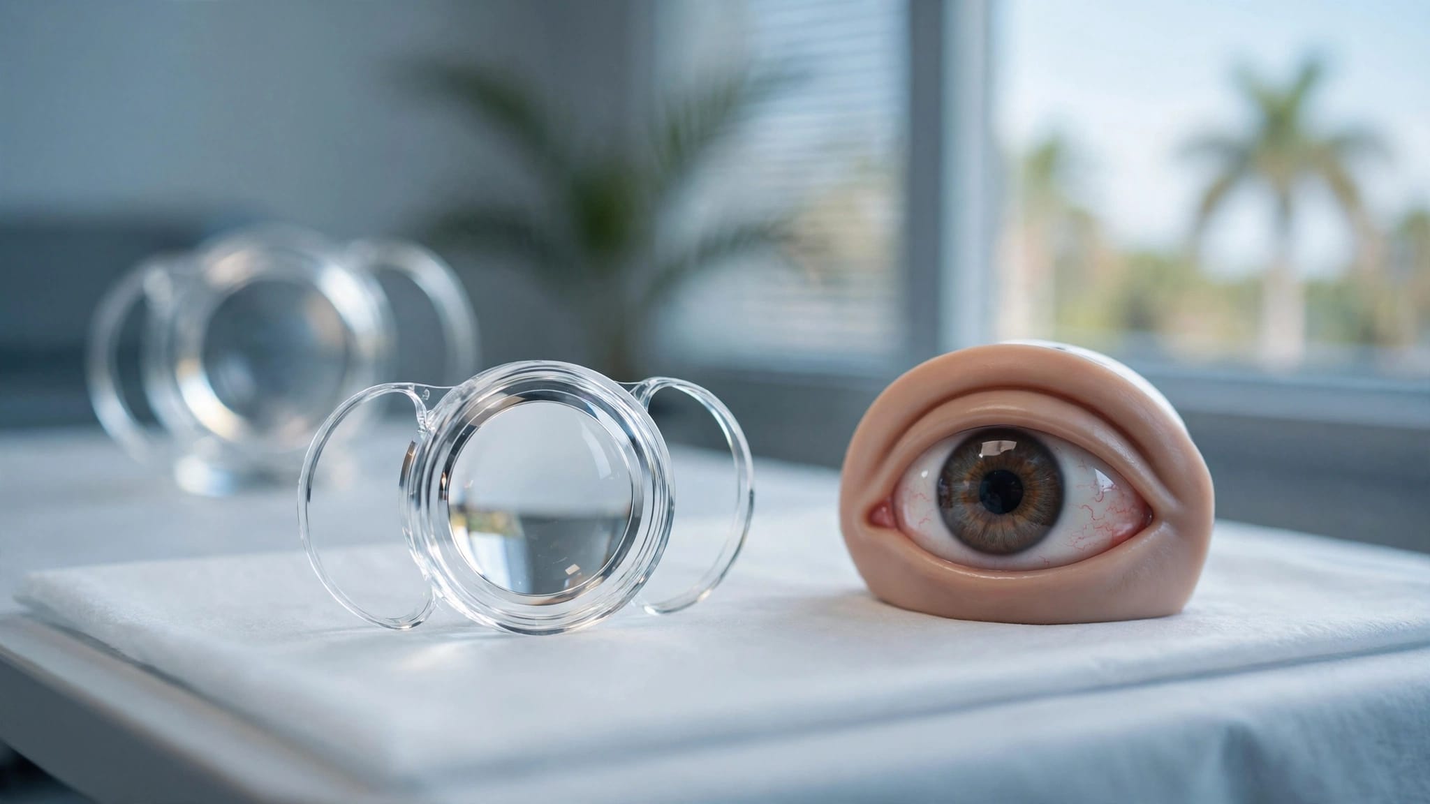 An eye model and clear lens sit beside a blurred second lens on an examination table.